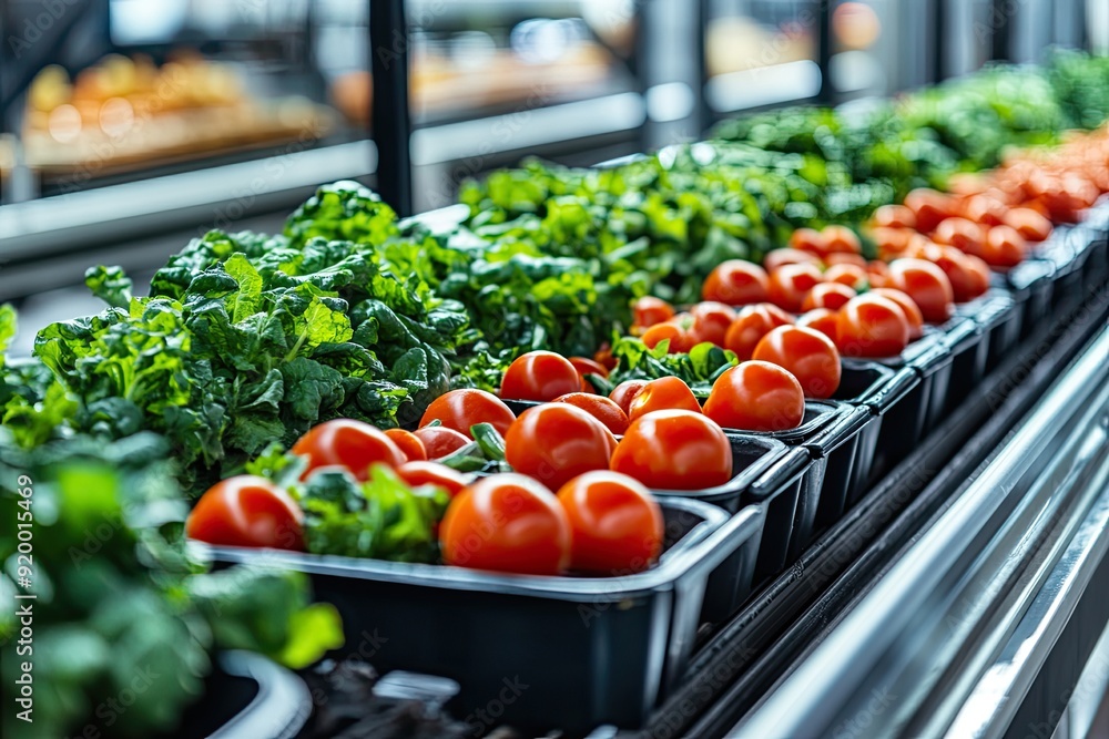 Poster a row of tomatoes and herbs are displayed in a grocery store. the tomatoes are in black containers a