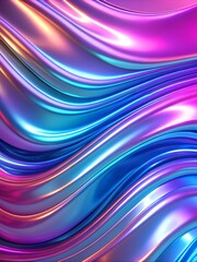 Flowing waves of iridescent neon colors pinks, blues, and purples cascading across the background