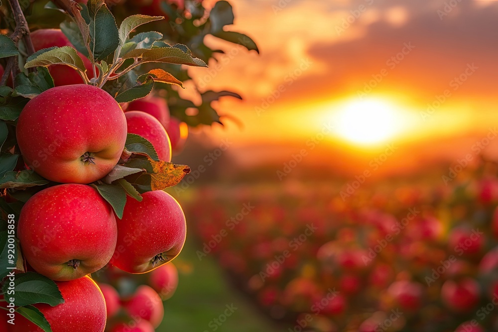 Poster a bunch of red apples hanging from a tree. the sun is setting in the background. the apples are ripe