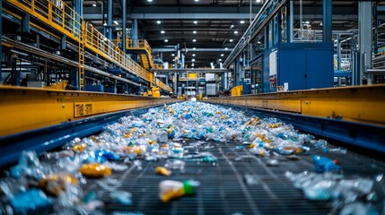 Fototapeta premium Industrial recycling conveyor belt with plastic bottles