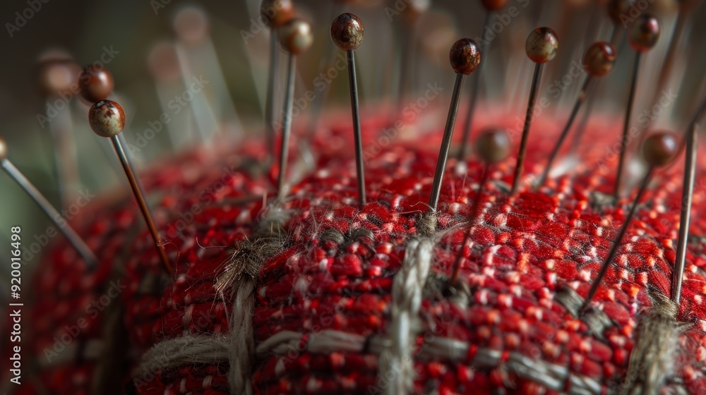 Poster a faded red pin cushion its surface littered with rusted needles and pins a testament to the countle