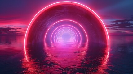 A neon tunnel with a reflection in the water, creating a surreal and futuristic atmosphere.