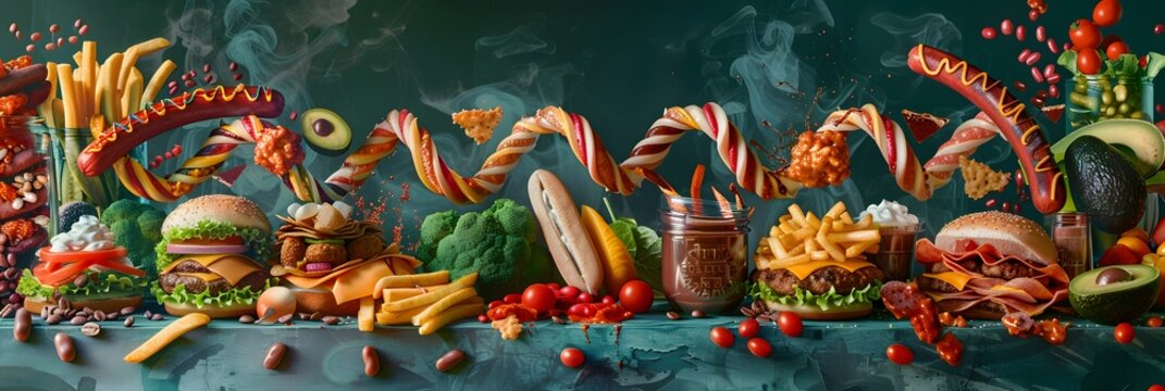 Junk Food Gene or fat mass and obesity associated genetics or FTO as a Fast-food concept with a DNA strand representing genetics and unhealthy eating affecting genes.