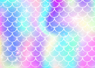 Kawaii mermaid background with princess rainbow scales pattern. Fish tail banner with magic sparkles and stars. Sea fantasy invitation for girlie party. Futuristic kawaii mermaid backdrop.