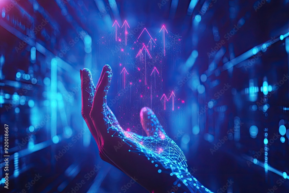 Poster a hand is holding a blue and pink object with arrows pointing upwards. the image has a futuristic an