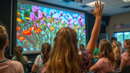 Young Girl Raises Her Hand in a Classroom Setting