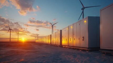 Wind turbines and battery storage facility at sunset