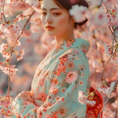 Woman in a Floral Kimono Posing in Front of Blooming Cherry Blossoms
