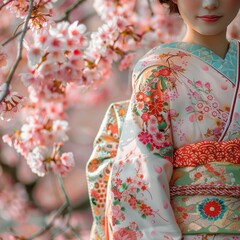 Woman Wearing a Floral Kimono Against a Background of Cherry Blossoms