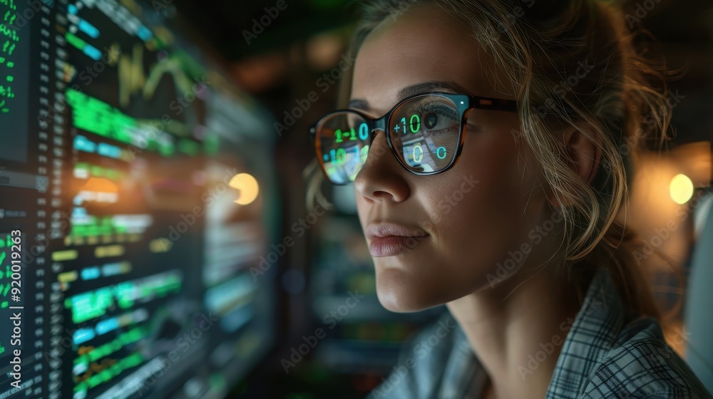 Poster Close-up of a Woman Wearing Glasses with Green Text Reflected in Them Looking at a Computer Screen Showing Code