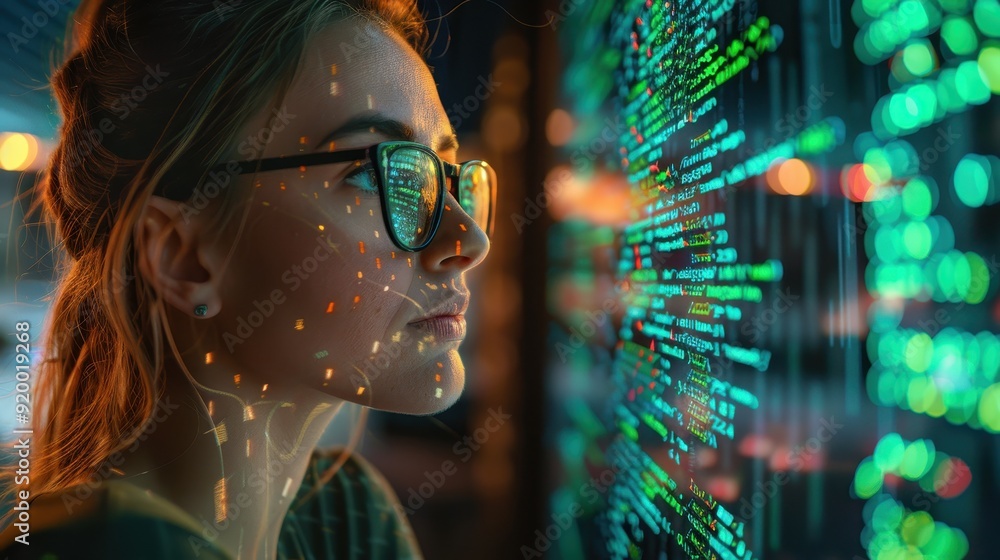 Poster woman looking at computer code with reflections of green lights on face