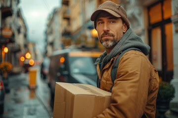 A delivery man in a hat and uniform carries a cardboard box near a delivery truck to a customer's home. Postman delivering parcel.generative ai