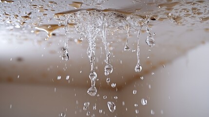 Water dripping from ceiling due to leak with droplets in focus