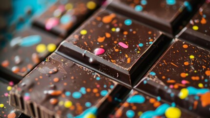 An image of a chocolate bar with a unique speckled appearance created by using a blend of different chocolates. The packaging showcases a handdrawn playful design with splashes of color