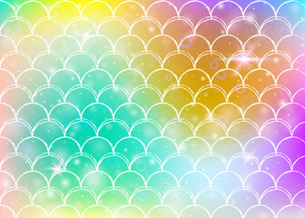 Rainbow scales background with kawaii mermaid princess pattern. Fish tail banner with magic sparkles and stars. Sea fantasy invitation for girlie party. Rainbow backdrop with rainbow scales.