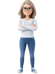 Fototapeta premium 3D character of a woman mom in jeans standing with crossed hands isolated on transparent background