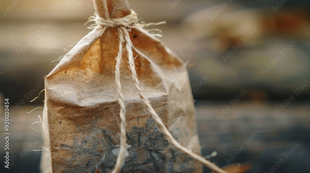 Poster zoomed in on the top of the tea bag the string is tied securely with a simple knot inviting the user