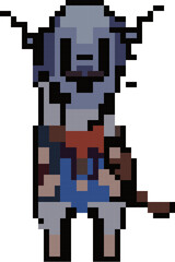 Pixelated Adventure Character: A whimsical and charming pixel art character, ready for adventure, with a backpack, a  unique design, and a friendly demeanor. The character's bold colors and pixelated 