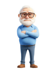 Obraz premium 3D character of an old man with gray hair and beard standing with crossed hands isolated on transparent background