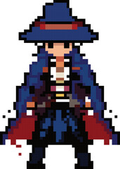 Fototapeta premium Pixelated Sorcerer: A retro-inspired pixel art depiction of a powerful sorcerer, cloaked in blue and wielding potent red magic. Perfect for fantasy games or pixel art enthusiasts. 