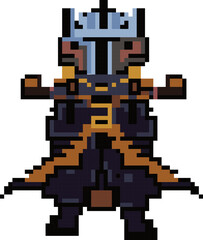 Fototapeta premium Pixel Art Knight Character: A unique retro game sprite in dark plated armor with a brown layered cloak and distinctive cross helmet, perfect for fantasy RPG development and streamer avatars.