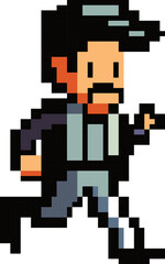 Fototapeta premium Running man with a mustache and gray jacket pixel art: a 16-bit style retro game asset for indie developers and twitch stream avatars.