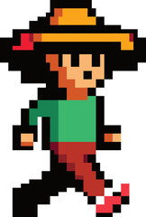 Fototapeta premium Sombrero-clad wanderer character with green shirt and red pants walking pixel art sprite: an 8-bit indie game asset for retro adventures.