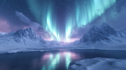 Aurora borealis creating a spectacular night sky show over a snowy terrain wallpaper