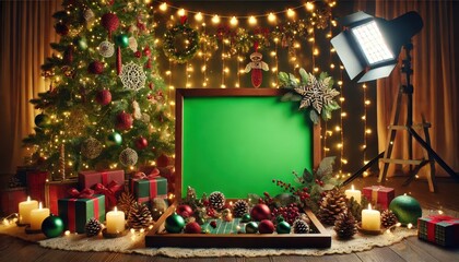Christmas Green Screen Magic: A festive backdrop with twinkling lights, a decorated Christmas tree, and a green screen for festive holiday video and photo editing. 