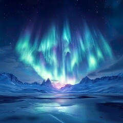 Fototapeta premium Stunning aurora borealis light show over a serene snowy landscape at night wallpaper