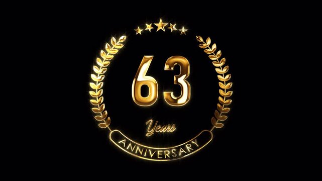 63rd Anniversary Celebration. Happy 63 Years Anniversary Animation in Gold Color on the Transparent Background, Alpha Channel. Great for greetings, celebrations, events, and gifts.