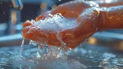 Fototapeta premium Hand Washing with Liquid Soap, A close-up of hands being lathered with liquid soap under a modern faucet, emphasizing cleanliness.generative ai