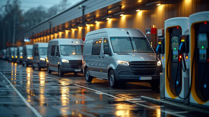 In front of a modern prefabricated hall there are many electric vans that are being charged.generative ai