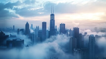 Fototapeta premium Foggy Cityscape with Skyscrapers and Clouds