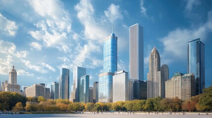Obraz premium City Skyline with Tall Buildings and Fall Foliage