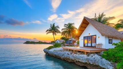 Fototapeta premium Luxury bungalow on the coast at sunset with beautiful ocean views. Perfect tropical vacation getaway.
