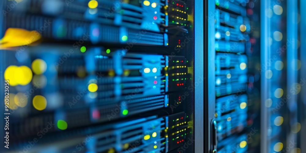 Poster a visually stunning illuminated server rack that showcases advanced and modern data storage technolo