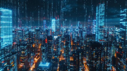 Futuristic Cityscape with Digital Rain and Glowing Buildings