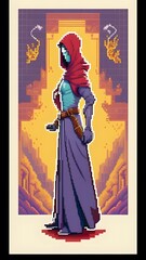 a female game character, shrouded in mystery, standing against a backdrop of a desolate and pixelated landscape