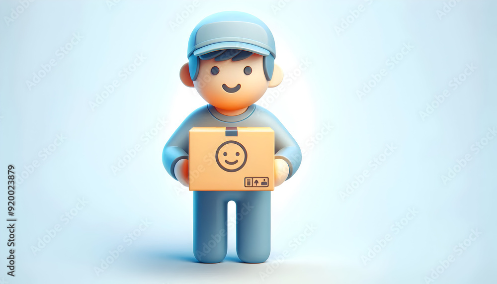 Poster 3d flat icon of person with delivery box and customer service smile on white background for efficien