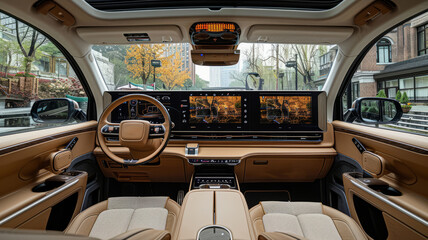The SUV has a large rear space, three seats, all-white leather interior, center console and flat-panel touch screens on both sides, a head-up display above one screen.