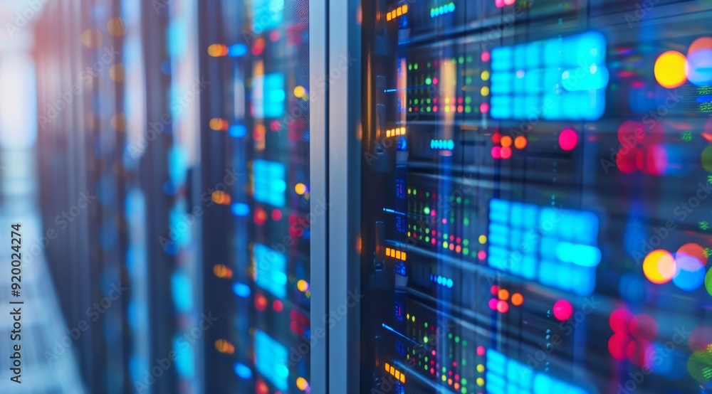 Poster a closeup view of servers in a data center, highlighting intricate details and vibrant led indicator