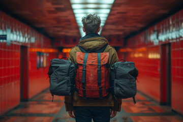 Obraz premium Male is carrying luggage in hall before trip.generative ai
