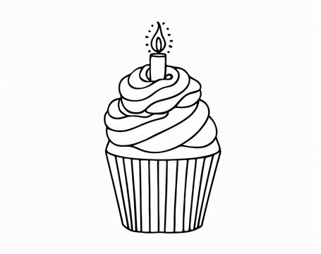 recommend clip art: A continuous line drawing of a cupcake. Modern illustration of a cupcake with a candle outline.