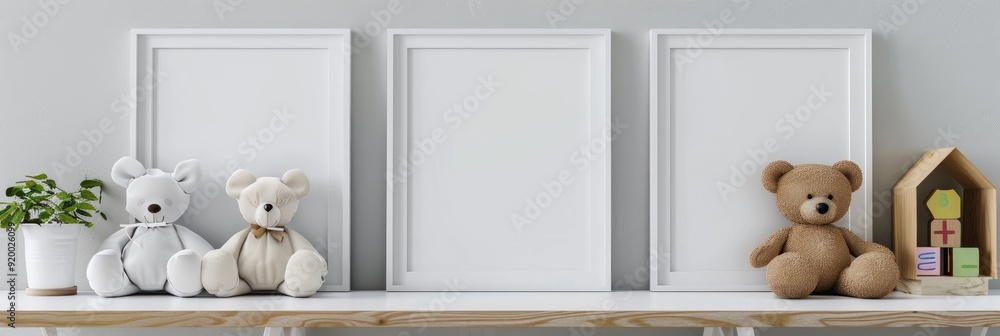 Poster three empty white frames displayed on a wall with plush toys arranged on a shelf.