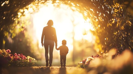 A parent and child walking hand in hand under a beautifully lit archway, symbolizing love and connection in nature.