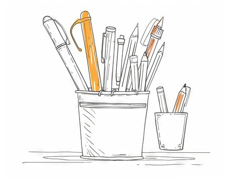 recommend clip art: In the background I have a continuous drawing of a pen, a ruler, a pencil, and a brush in a box. I have an editable stroke of the brush. The concept is back to school and education.
