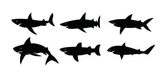 Fototapeta premium Shark vector silhouette isolated underwater icon. Sea shark animal art clip black logo silhouette icon.