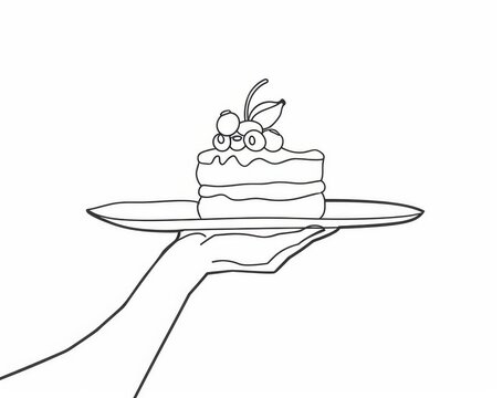recommend clip art: A one-line drawing of a hand serving sliced cake to a customer. On a plate, a hand is holding cheese cake in a single outline modern illustration.