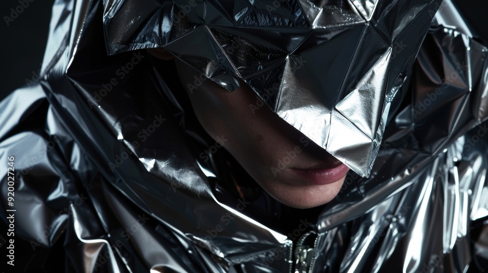 Poster an advertit showcasing a bionicinspired fashion collection featuring metallic fabrics and angular sh